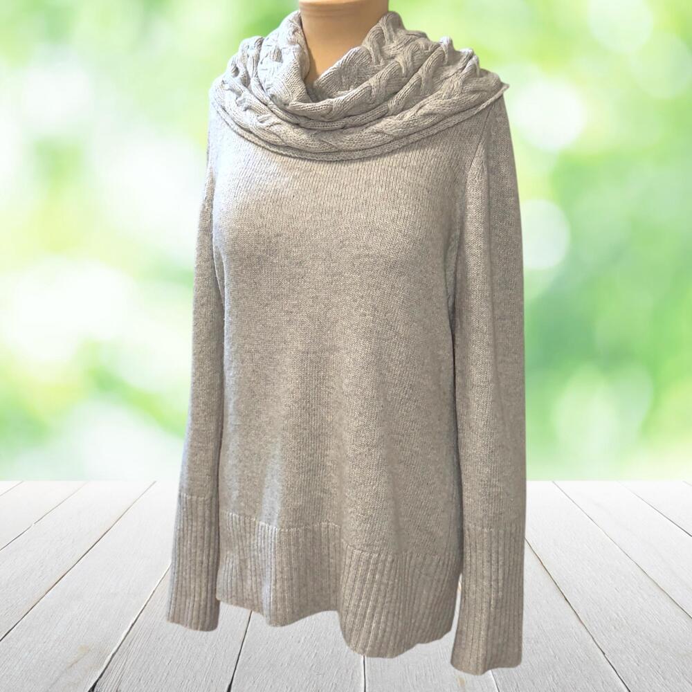 BANANA REPUBLIC Merino Cashmere Sweater Italian Yarn Cowl Cable Knit Gray Size L